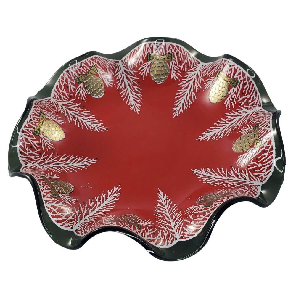 Vintage Glass Ruffled Christmas Decorative Plate Pinecone Red Black Candy Dish